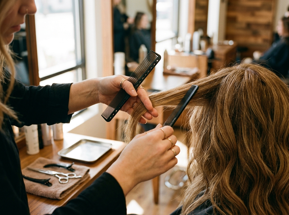 Stylist carefully working on client hair in natural window light at Luna & Sage Salon