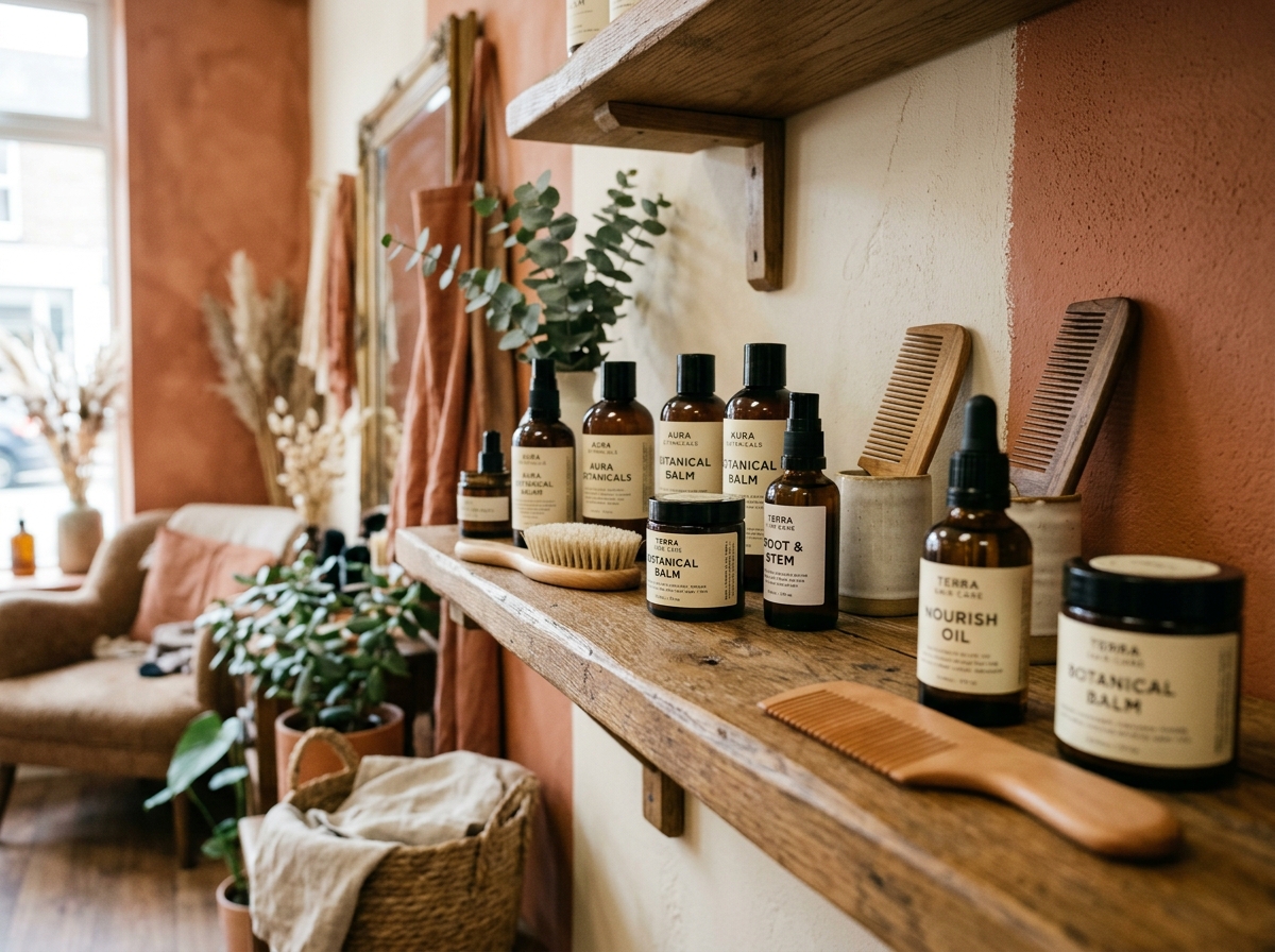 Artisanal hair products and combs on display at Luna & Sage Salon