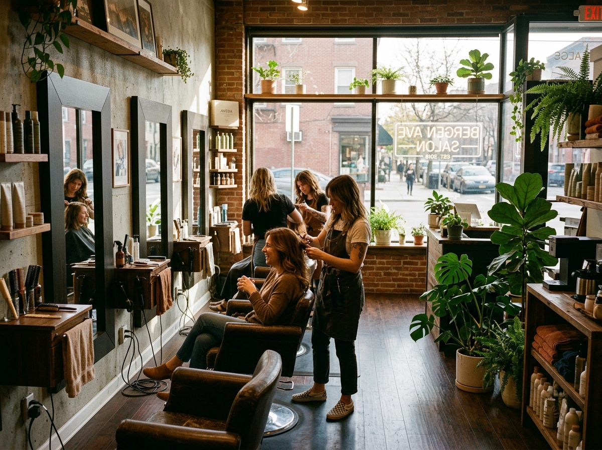 Warm inviting interior of Luna & Sage Salon on Bergen Ave with styling stations and sunlight